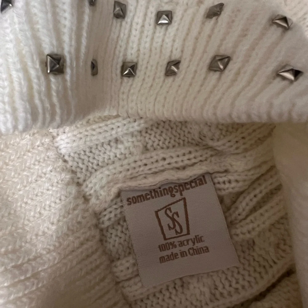 White Cable Knit Beanie Silver Studs Y2K Winter Hat One Size